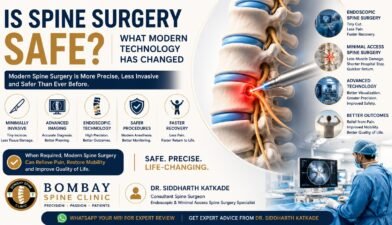Medical infographic showing modern spine surgery safety with endoscopic technology, minimal access surgery, and faster recovery benefits.