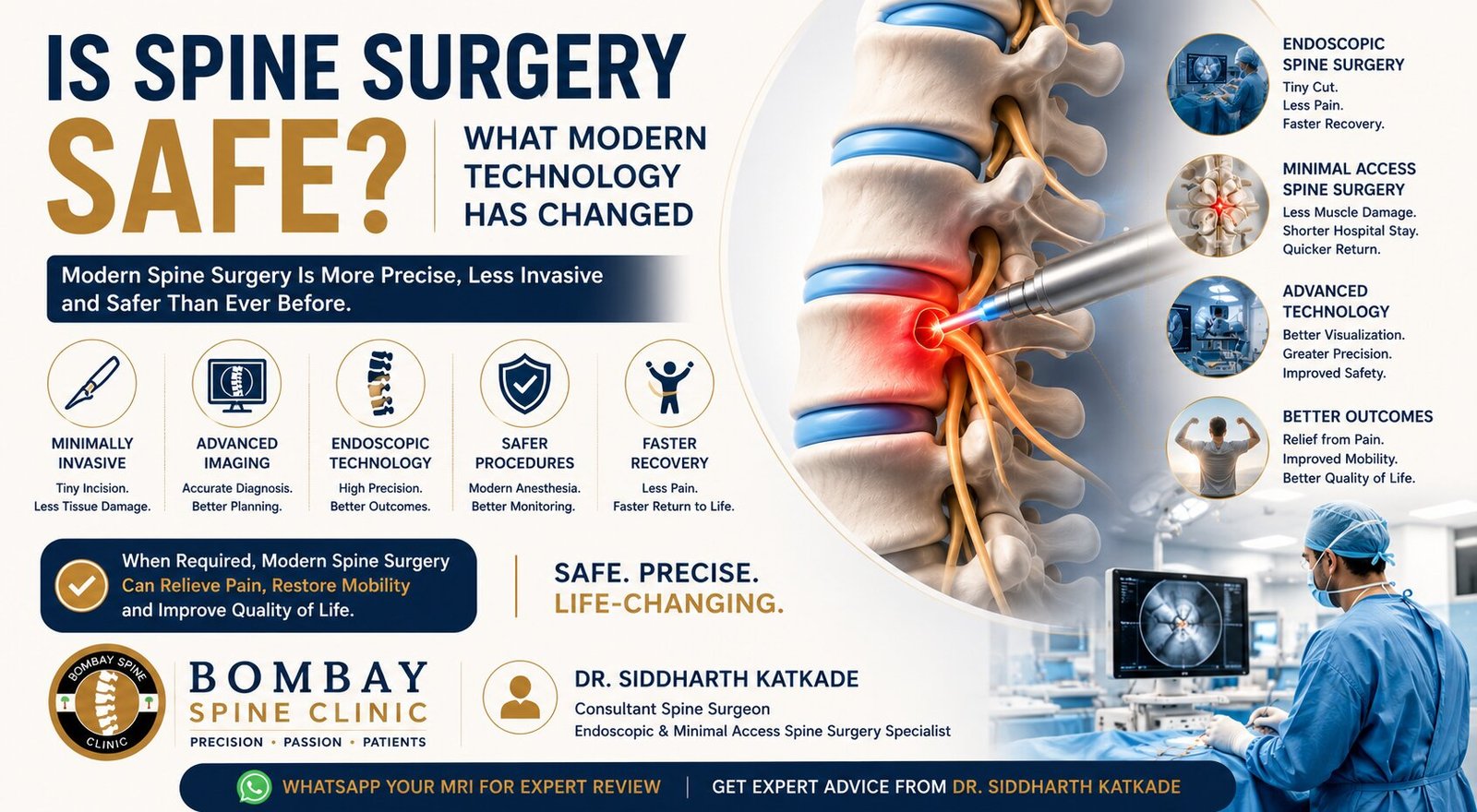 Medical infographic showing modern spine surgery safety with endoscopic technology, minimal access surgery, and faster recovery benefits.