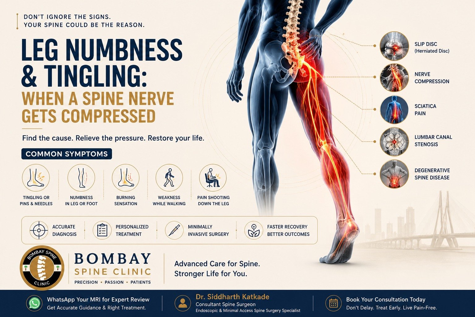 Leg numbness and tingling caused by spine nerve compression